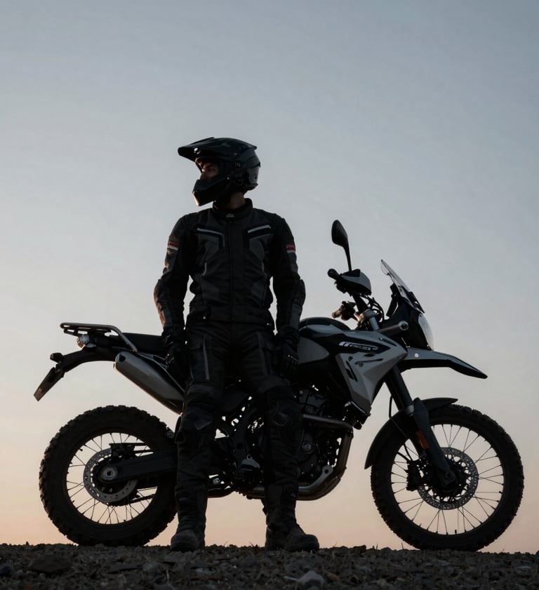 A lifestyle portrait of a rider in Global / Western outdoor gear standing next to a motorcycle, silhouetted against a cool silver grey morning sky. The composition is minimalist and edgy, focusing on the storytelling vibe of the journey.