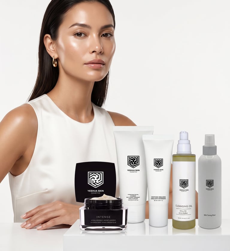 A woman with glowing skin poses with Yeshua Skin beauty products including moisturizer and cleansing oil.