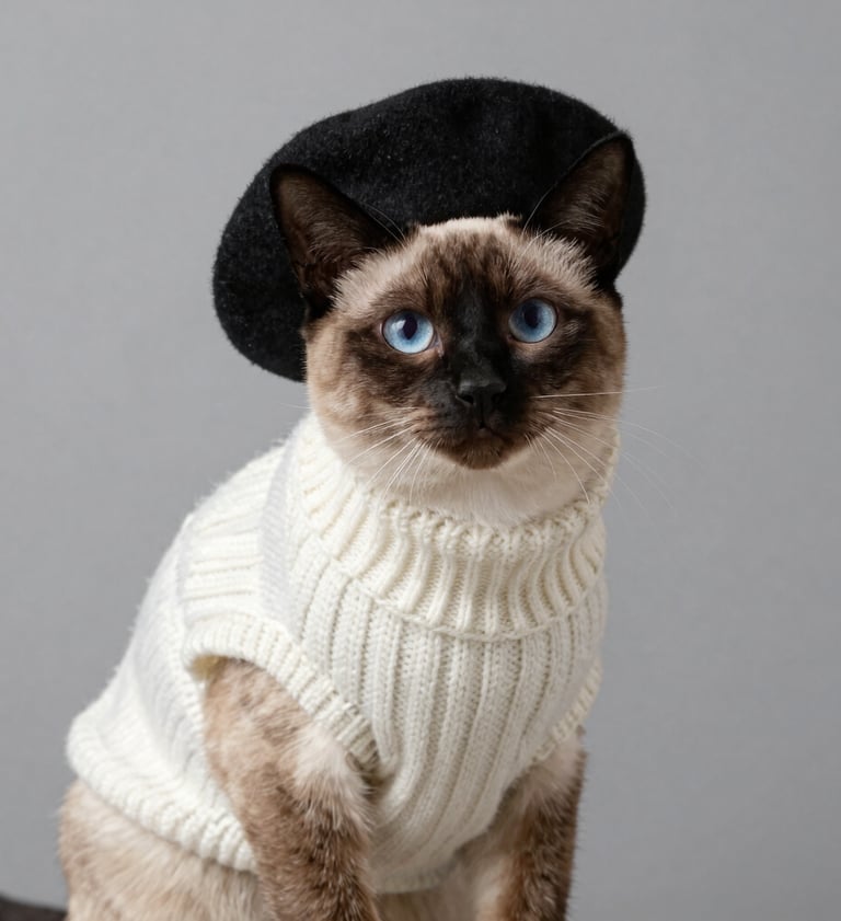 Un elegante gato siamés de ojos azules que lleva una boina negra y un sueter blanco