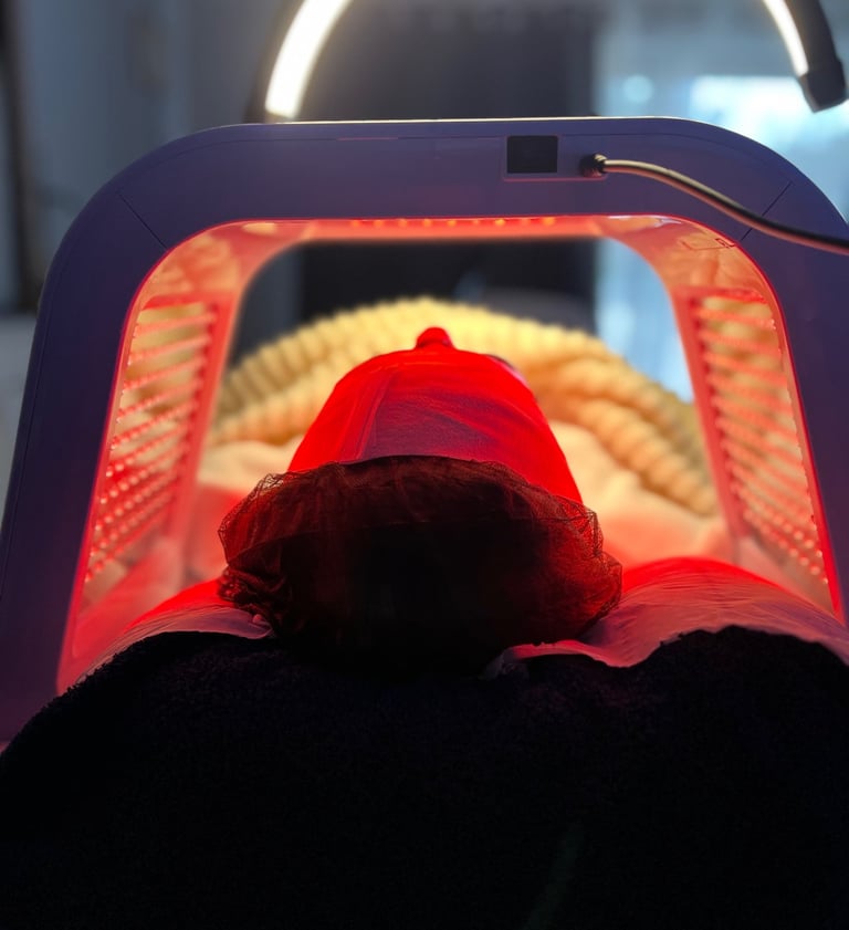 une femme sous une lumière rouge en train de réaliser un soin de luminothérapie