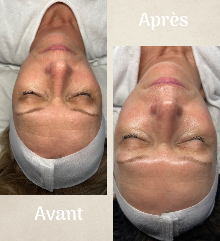 visage de femme avant et après un soin anti-âge réalisé par Nathalie Gaullier