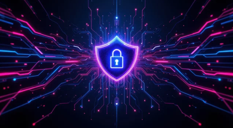 Neon shield with padlock over digital circuits, representing cloud security and protection
