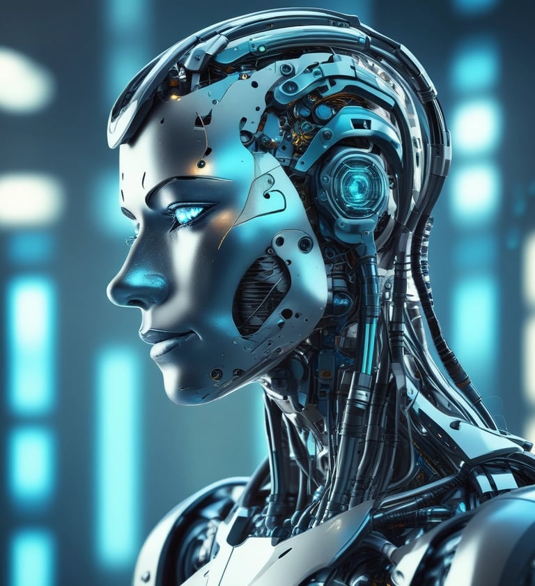 Perfil lateral de uma robô feminina futurista prateada com olhos azuis brilhantes e componentes mecâ