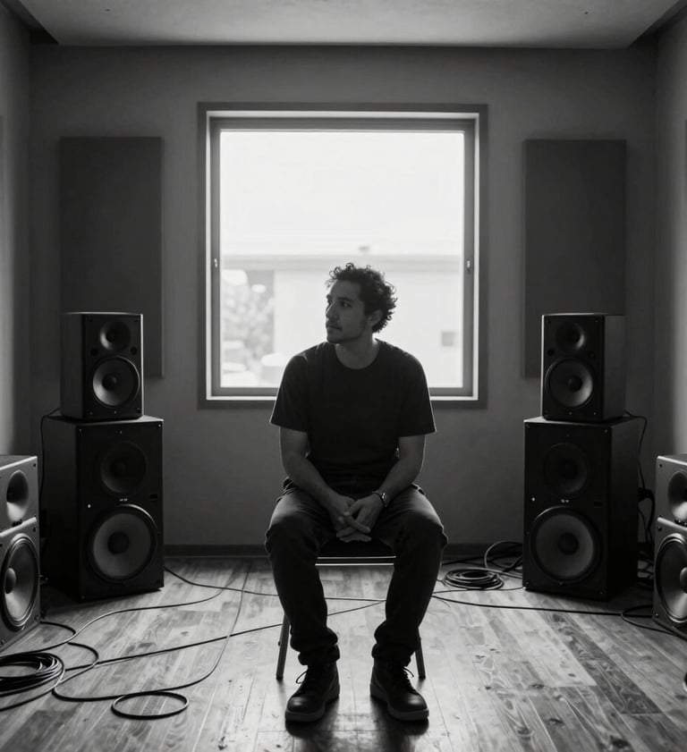 A candid, high-contrast black and white photograph of a sound artist sitting in a minimalist studio in Mexico. The artist is silhouetted against a large window, surrounded by speakers and cables in a neat, organized composition.
