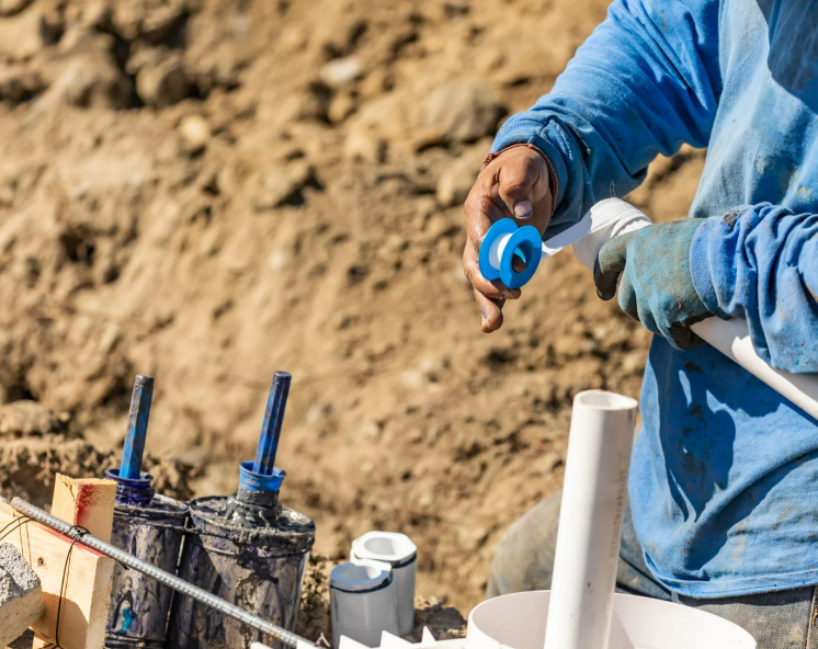 A plumber in a blue shirt is taping PVC piping on a construction site.