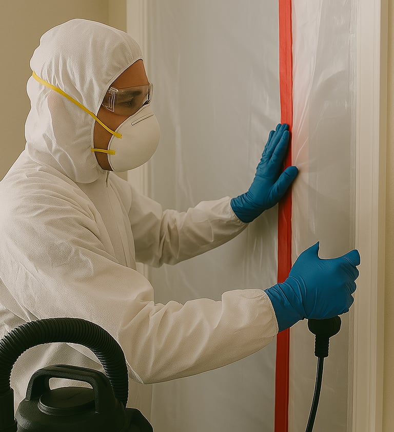 Certified mold remediation professional using air scrubber and containment barriers