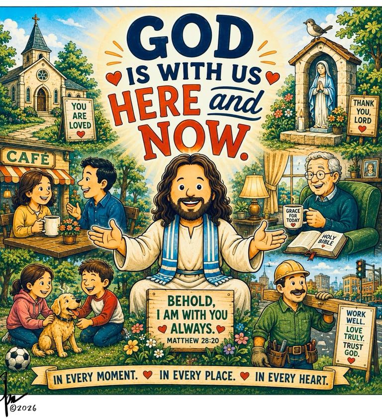 Cartoon image of Jesus surrounded by Cool Catholics.