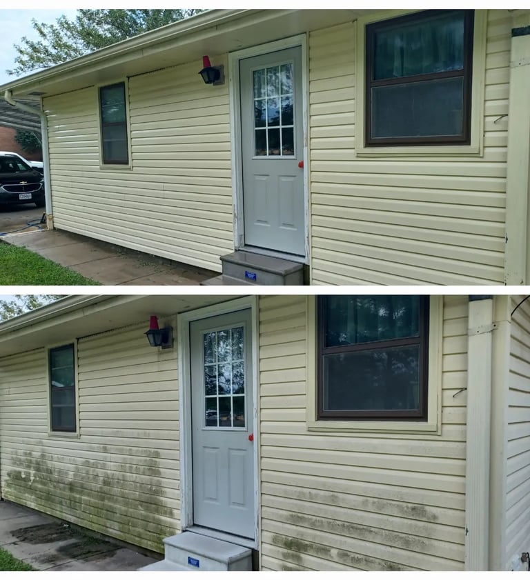 Before and after pressure washing mossy home