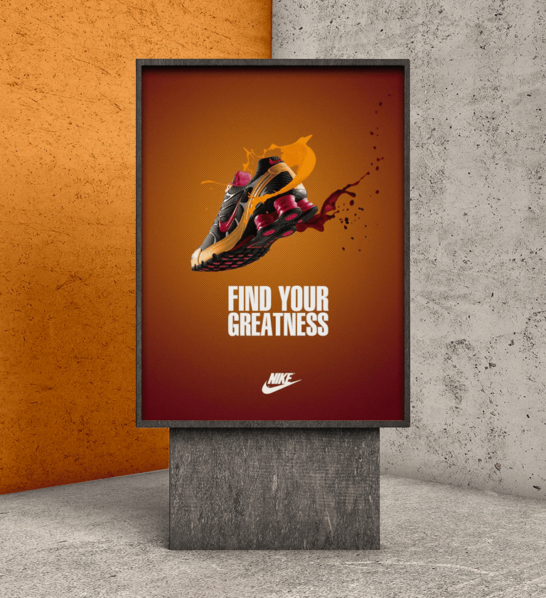 a billboard board with a picture of a shoe that is on the ground