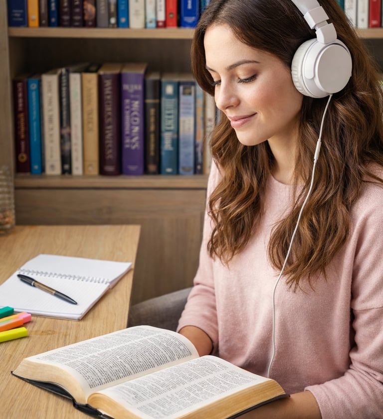 Young woman wearing white headphones reading a book at a desk with a bookshelf background.
