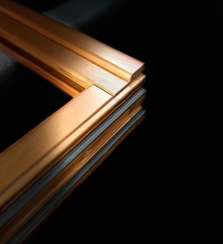 Close-up of a modern copper aluminum window frame corner with black thermal insulation.