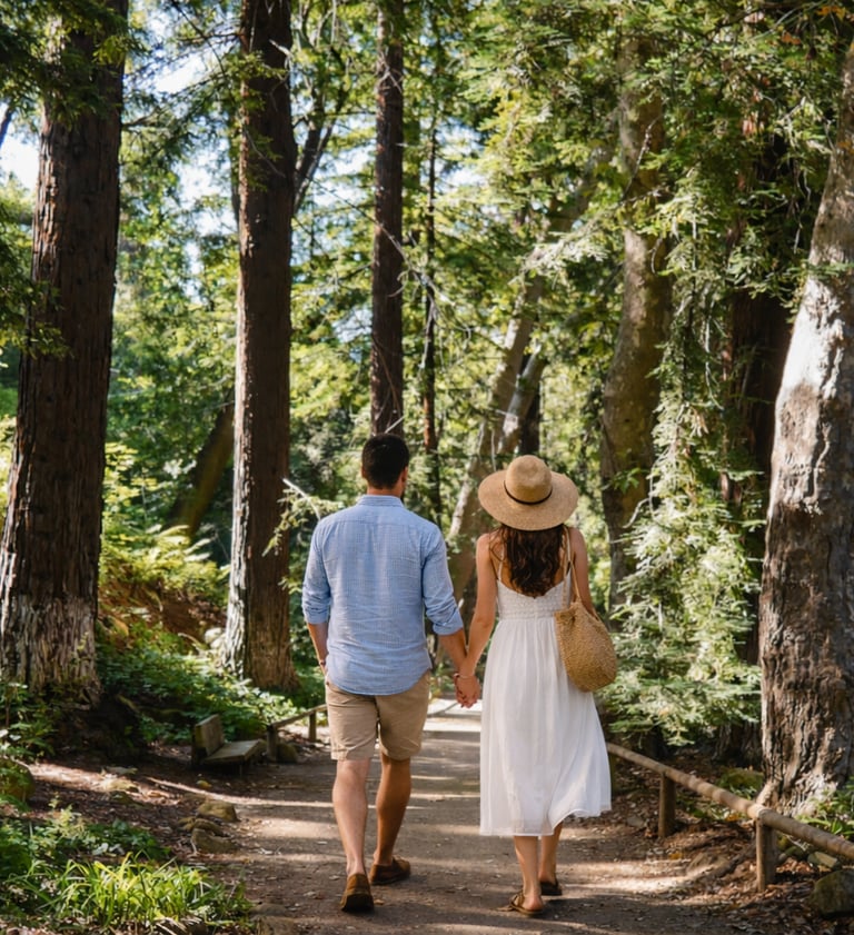 Couple strolling through Santa Barbara Botanical Gardens on a romantic getaway