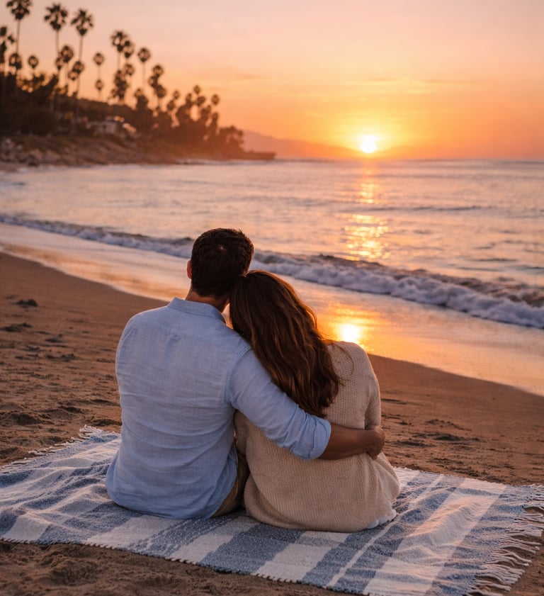 Couple enjoying sunset on Butterfly Beach in Santa Barbara on a romantic getaway