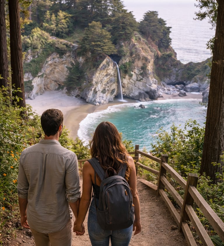 Couple hiking in Julia Pfeiffer Burns State Park overlooking McWay Falls in Big Sur