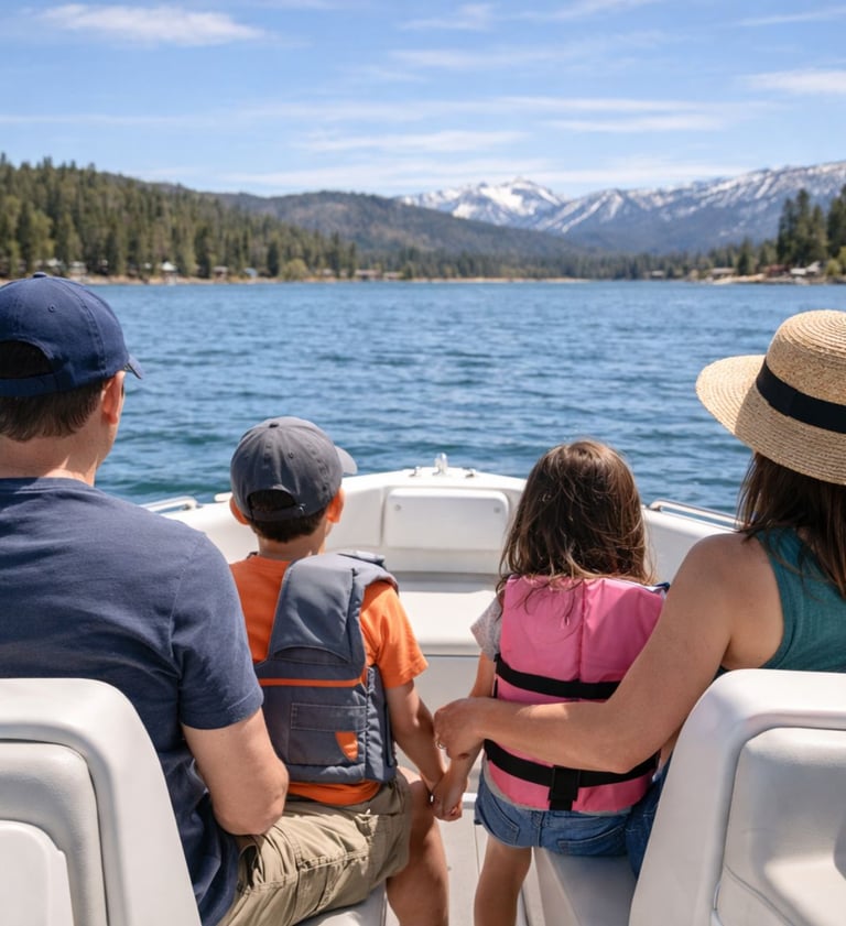 Family on a boat in Big Bear Lake during spring, pine trees and mountains in the distance