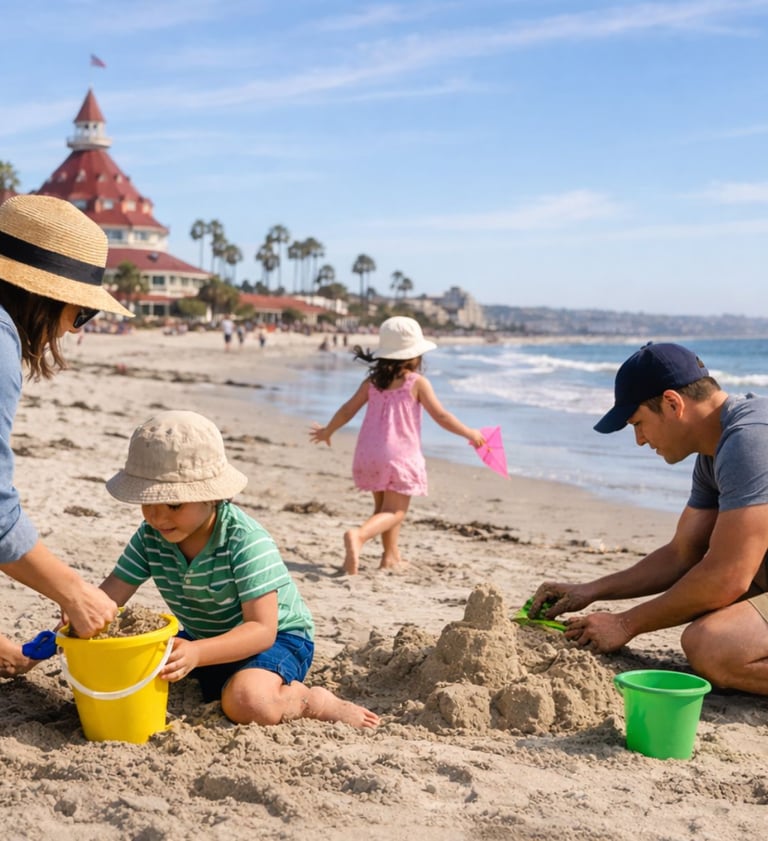 Family playing on a San Diego beach in spring, building sandcastles near the ocean