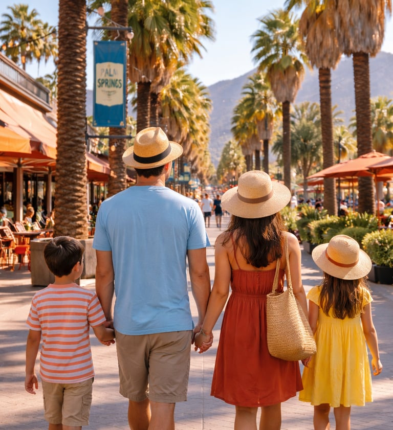 Family walking along Palm Canyon Drive in downtown Palm Springs with palm trees and mountain views