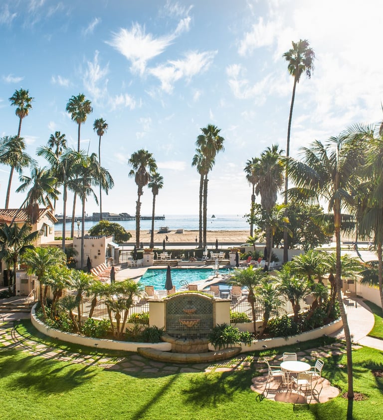 Oceanfront pool and gardens at Harbor View Inn in Santa Barbara, California, perfect for a romantic couples getaway