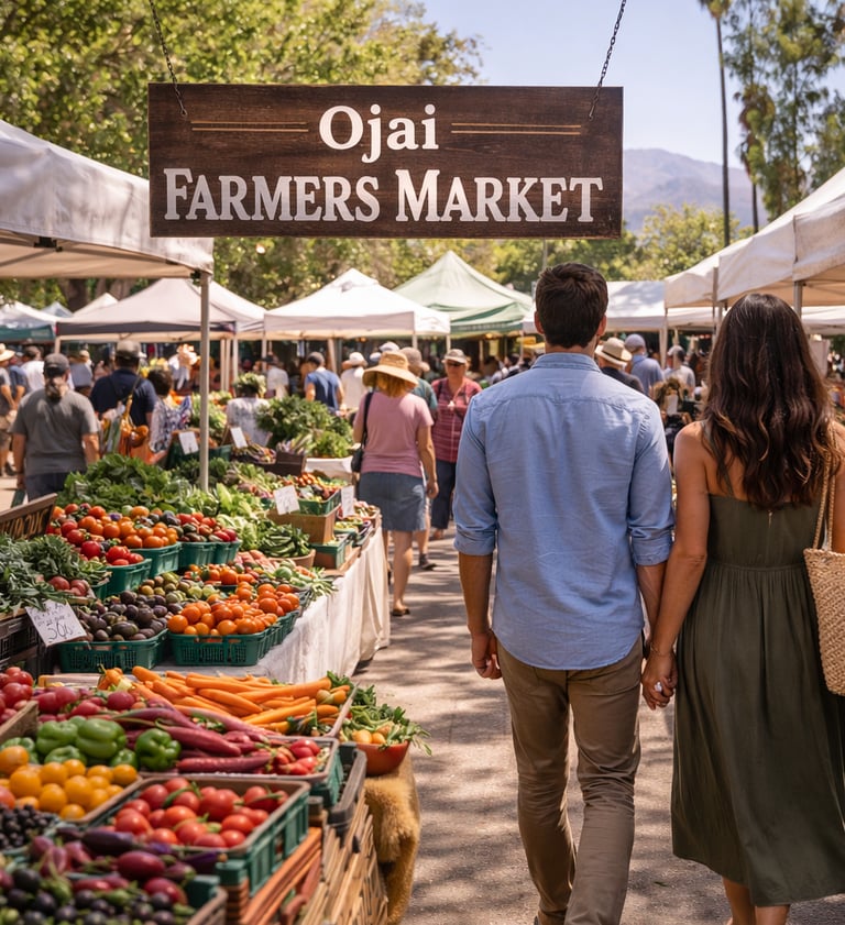 Couple walking through the Ojai Farmers Market browsing fresh produce and local goods
