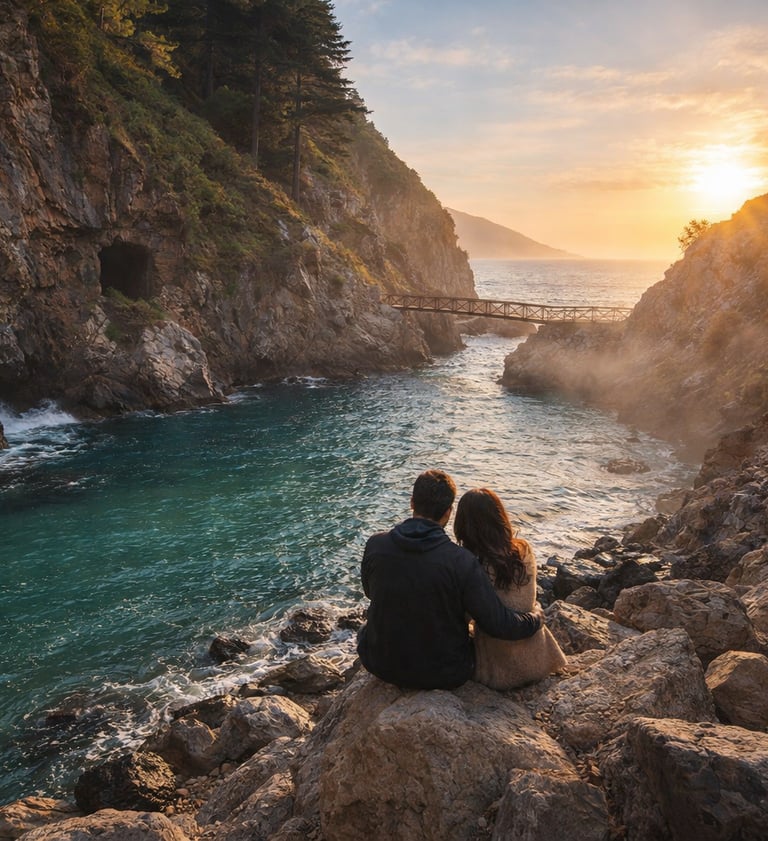 Couple watching sunset at Partington Cove in Big Sur, California with rugged cliffs and turquoise water