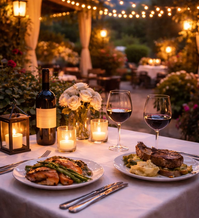 Romantic outdoor dinner in Ojai, California with wine, candlelight, and garden string lights at sunset