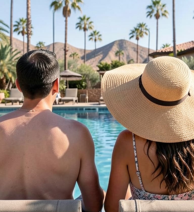 Couple relaxing poolside at a Palm Springs resort with palm trees and mountain views