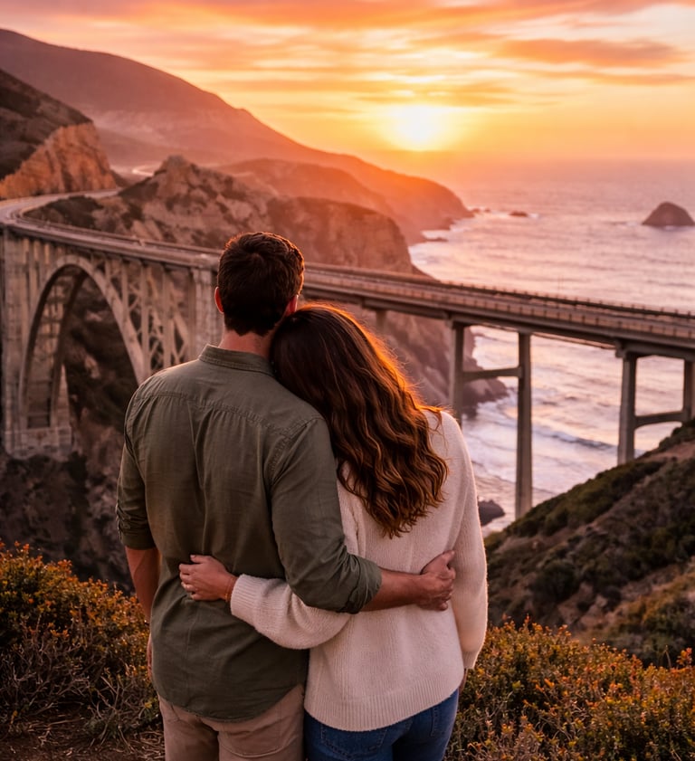 Couple watching the sunset at Bixby Creek Bridge along the Big Sur coastline