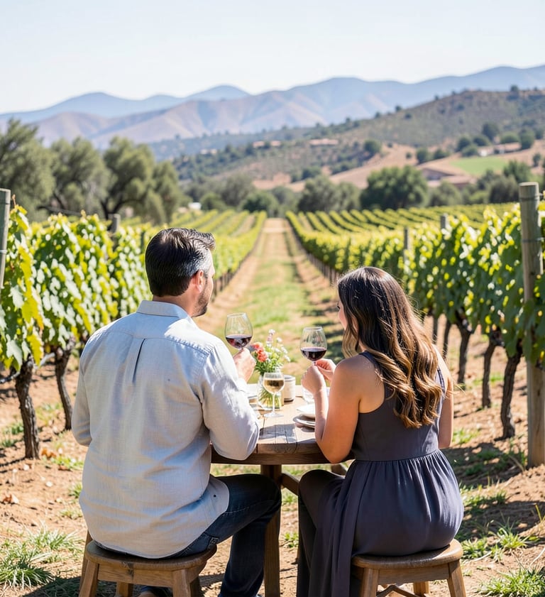 Couple enjoying wine tasting at a vineyard in Ojai, California with mountain views