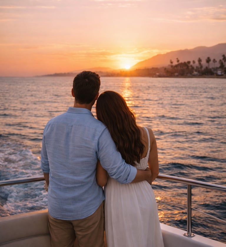 Couple on sunset cruise in Santa Barbara on romantic getaway