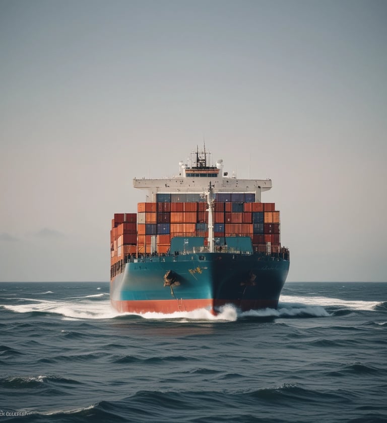 A dynamic image of a container ship navigating through the ocean.