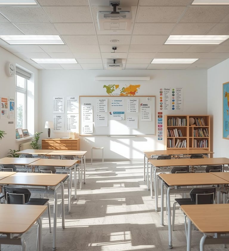 Leslokaal voor Spaanse lessen in Apeldoorn, met bureaus en stoelen