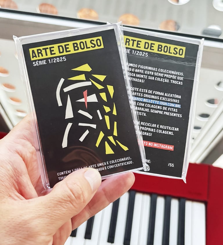 foto de uma mão segurando dois pacotes da série arte de bolso.