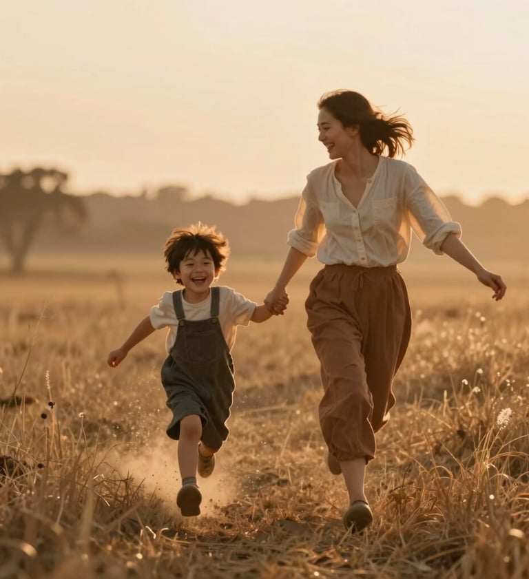 A spontaneous, cinematic photo of a mother and child laughing while running through a field during the golden hour. The lighting is warm and hazy, with soft sand tones #FDF8F0 and burnt terracotta #AD7B5B reflected in the sunlit environment. Heartfelt and welcoming atmosphere.