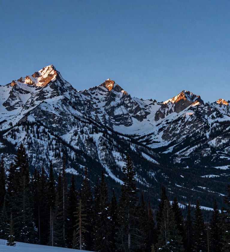 A breathtaking wide-angle landscape photograph of the Rocky Mountains in North America during the blue hour. The image shows incredible detail in the snow-capped peaks and evergreen trees, demonstrating high dynamic range.