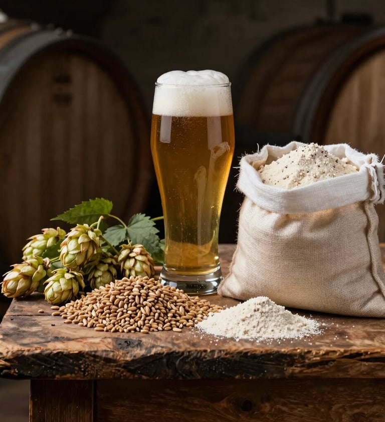 A glass of foaming craft beer alongside fresh hops and brewing grains on a rustic wooden table.