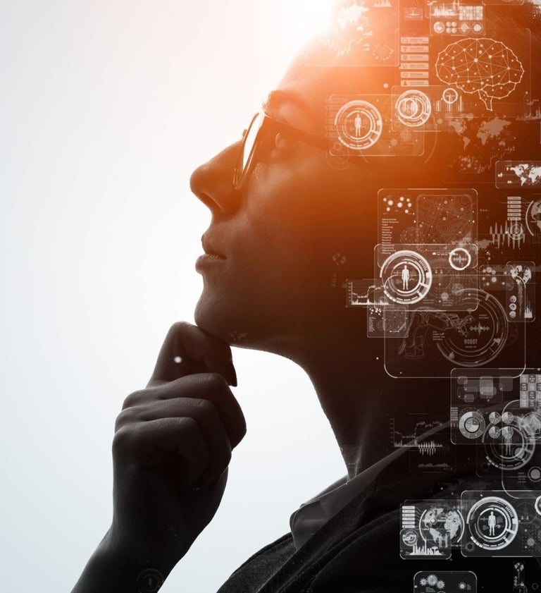 a woman thinking deeply about AI questions and ideas