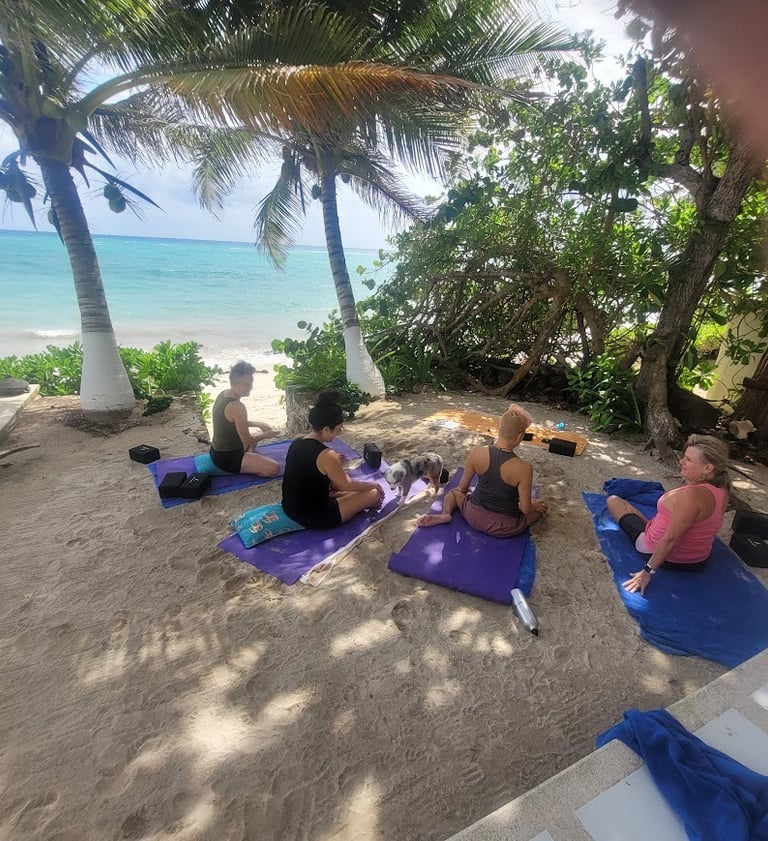 a group of people doing yoga on a beach playa del carmen