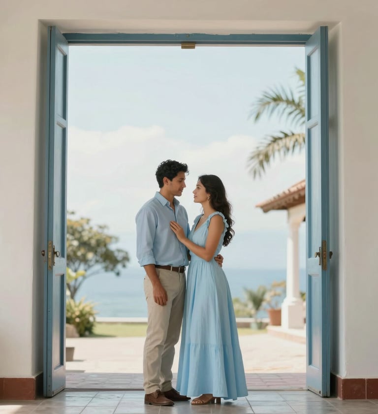An artistic portrait of a couple intended for a large entrance frame. Elegant pose in a South American / Colombian setting, soft focus background, modern style with a palette of pale sky blue and soft off-white.