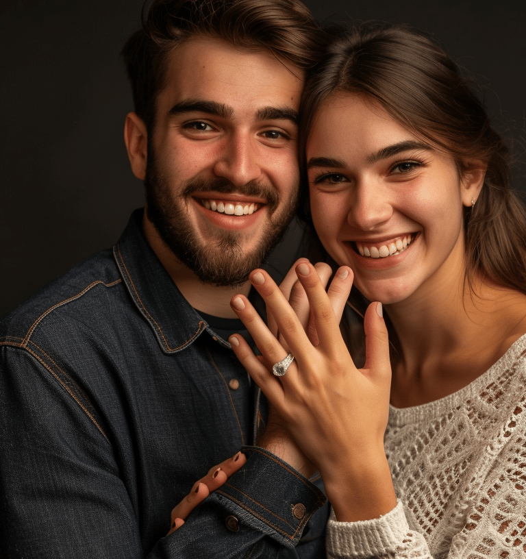 pareja feliz celebrando su compromiso, la mujer muestra en su dedo un anillo de diamantes
