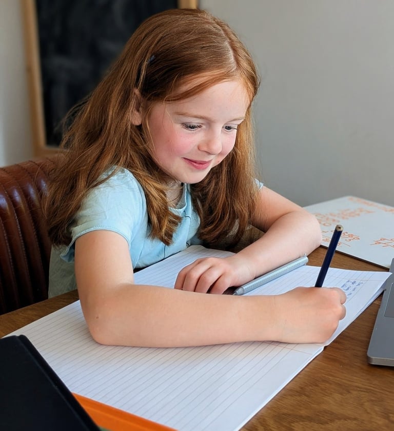 A Key Stage 2 aged girl with red hair writing while tutoring for maths and English at home