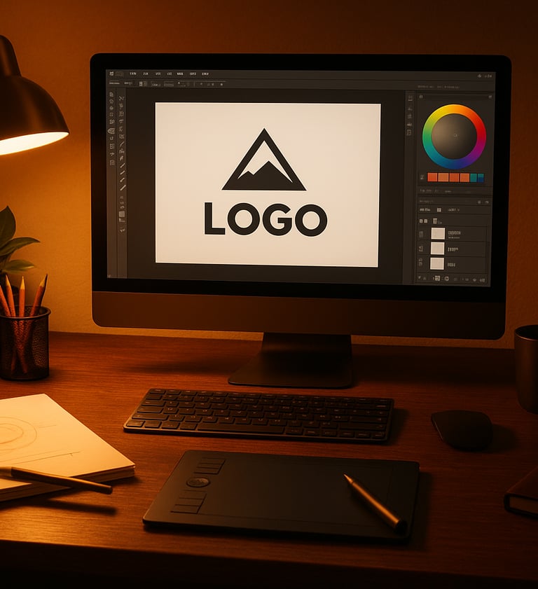 Bureau de travail d'un graphiste : l'ordinateur affiche Adobe illustrator : création de logo
