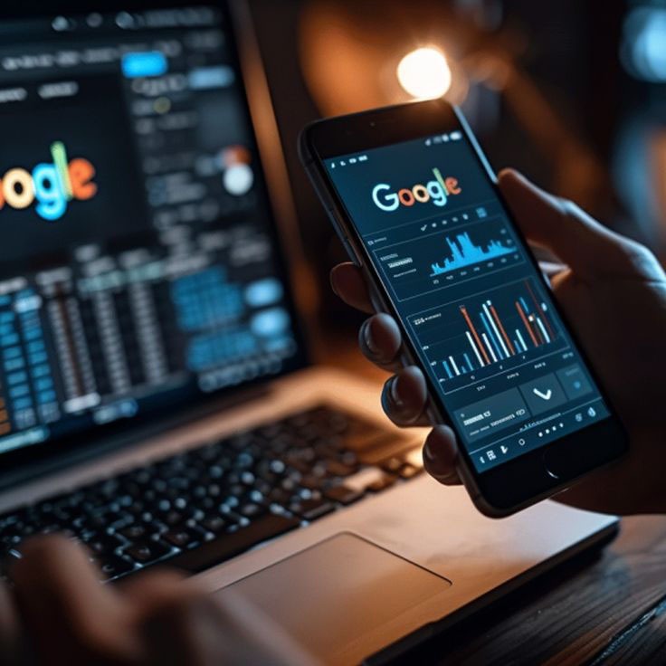 Un téléphone potable dans une main affiche google analitics