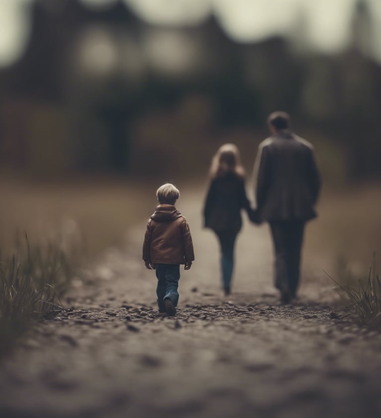imagem de uma criança deixada para trás pelos seus pais em um caminho de terra, direito de familia, divorcio, guarda, pensão