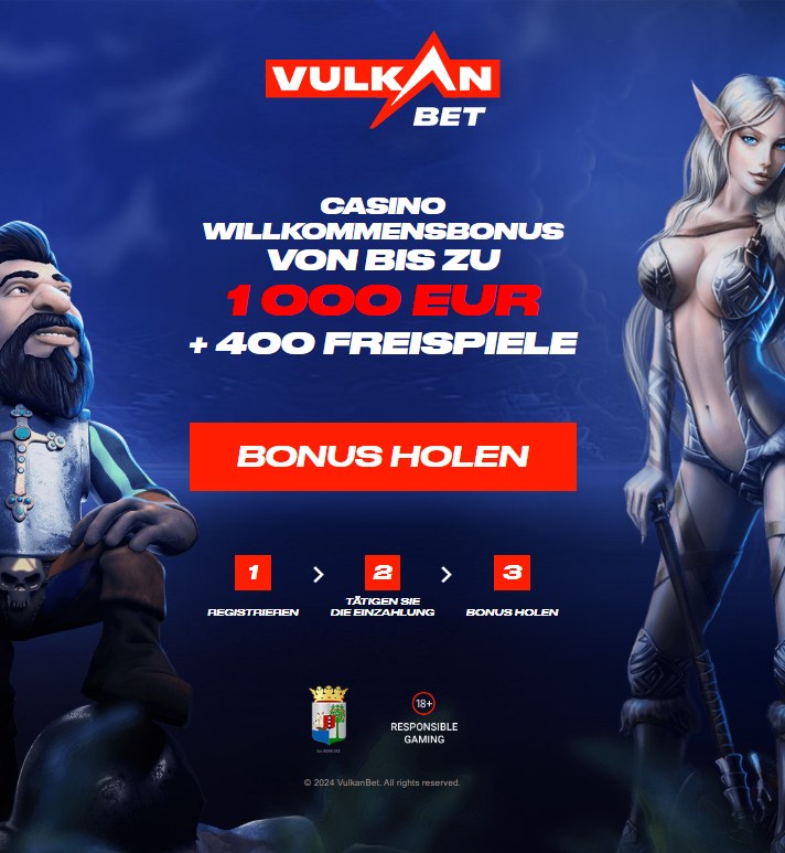 Vulkan Bet Casino willkommensbonus von bis zu 1 000 EUR + 400 freispiele.  Vulkan bet Sportwetten