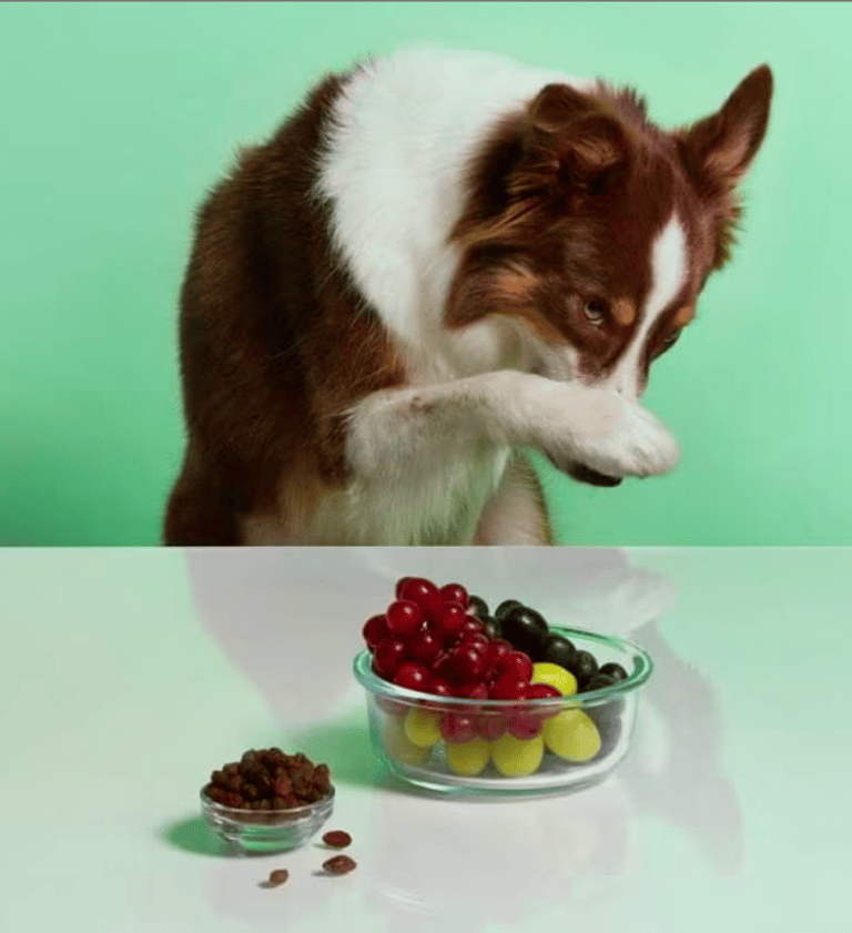 Dog looking at grapes, chocolate and onions—food toxic to dogs.
