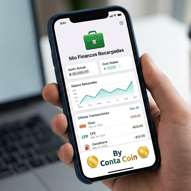 A person holding a smartphone displaying a personal finance app with spending charts and recent transactions.