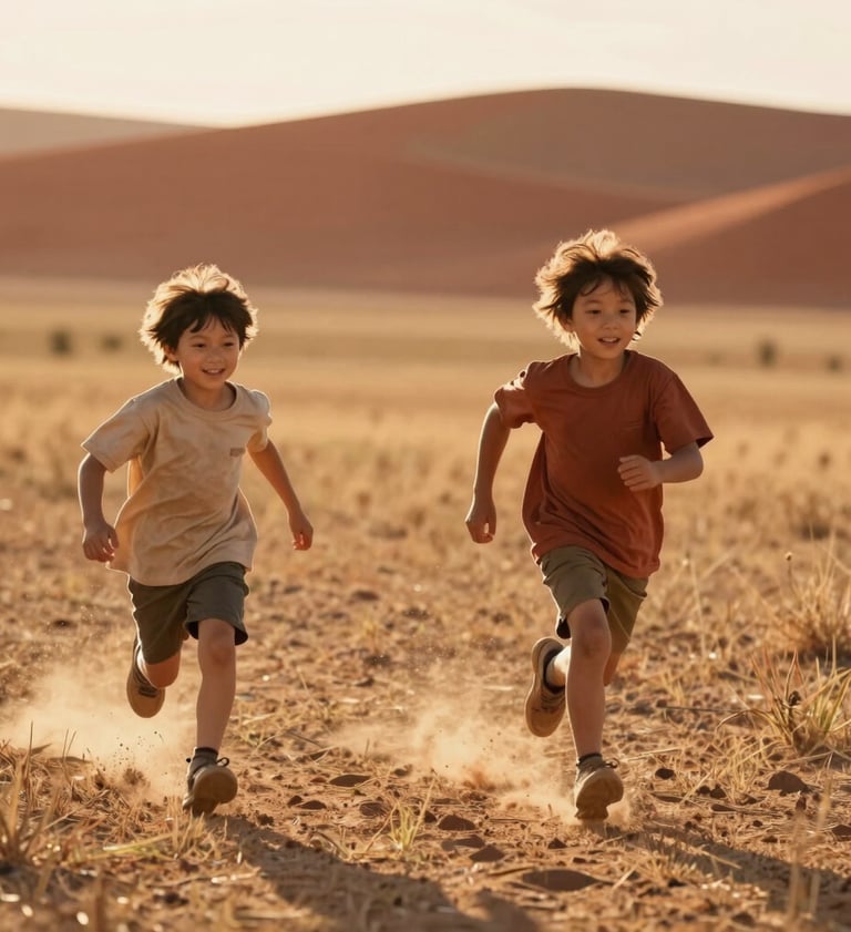 A candid shot of two young children running through a field in a North American / General Western countryside. Their hair is backlit by a low sun, creating a glowing halo effect. The colors are warm and dominated by soft sand and deep terracotta earth tones.