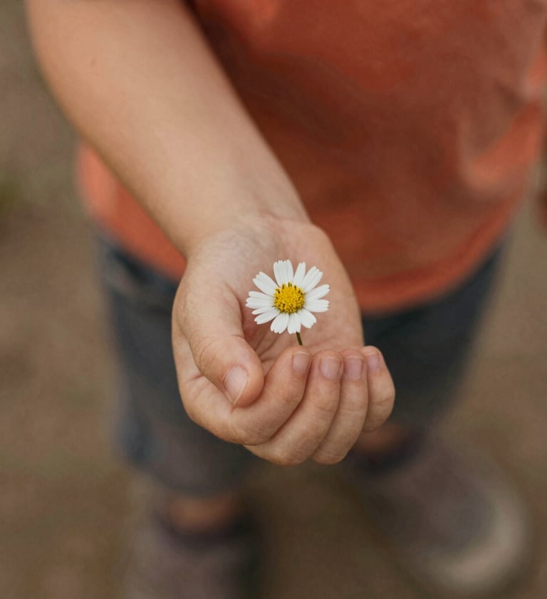 A detailed, intimate shot of a child's hand holding a single wildflower. The background is a soft blur of earthy muted brown and warm terracotta orange tones. Film-like texture.