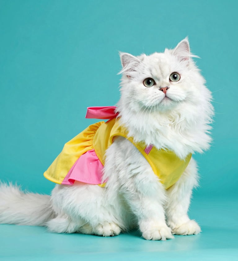 Gato persa blanco y esponjoso que lleva un vestido para mascotas amarillo y rosa.