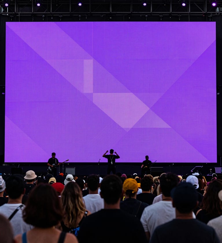 Perspective shot of a large, sophisticated crowd at a music festival in a Spanish / Latin American city, silhouettes against a massive LED screen displaying minimalist geometric patterns in vibrant electric violet. Atmosphere of experience and high-level production.